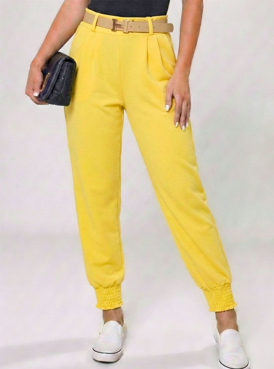 Gumírozott aljú, öves nadrág (sárga)