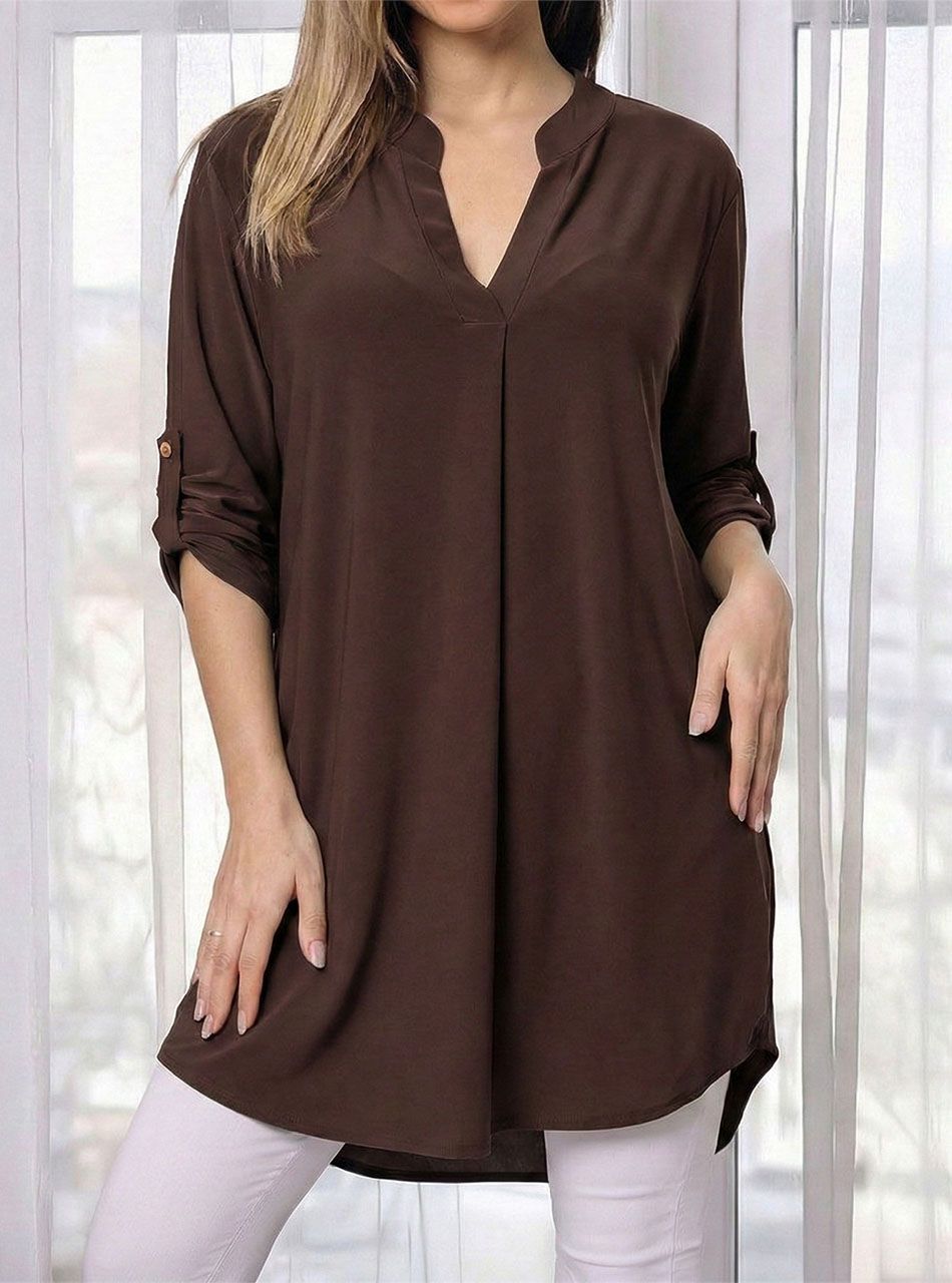 Felgombolható ujjú, V nyakú tunika (csokibarna)