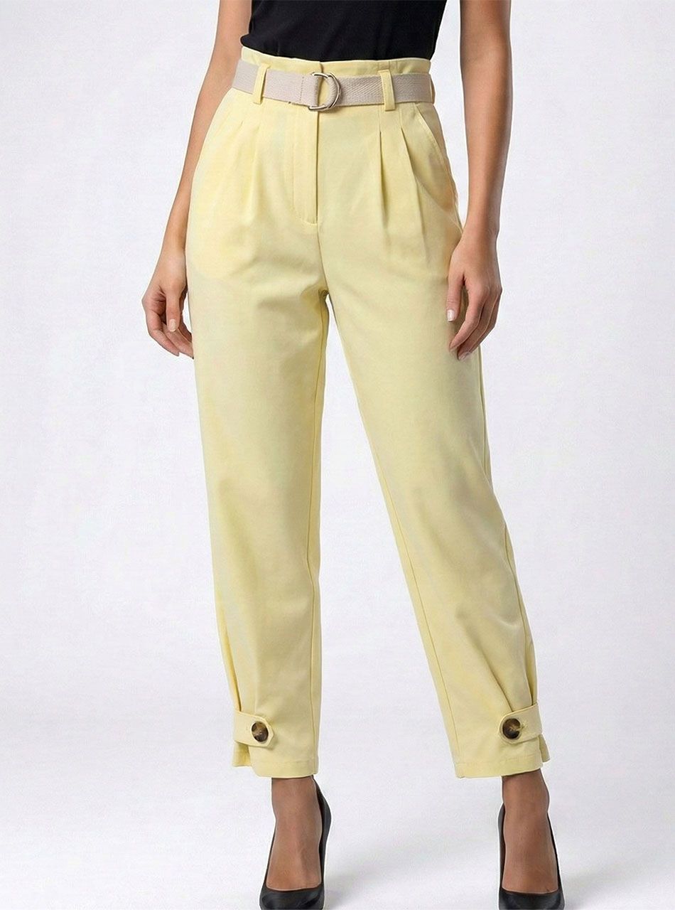 Alján gombdíszes, gumis derekú zsebes nadrág (sárga)