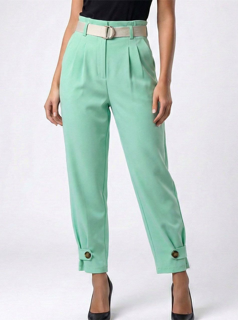 Alján gombdíszes, gumis derekú zsebes nadrág (almazöld)