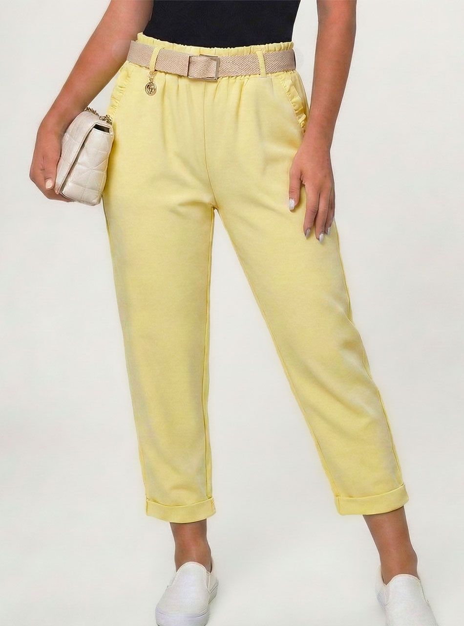 Zsebnél fodros, gumis derekú zsebes nadrág övvel (sárga)