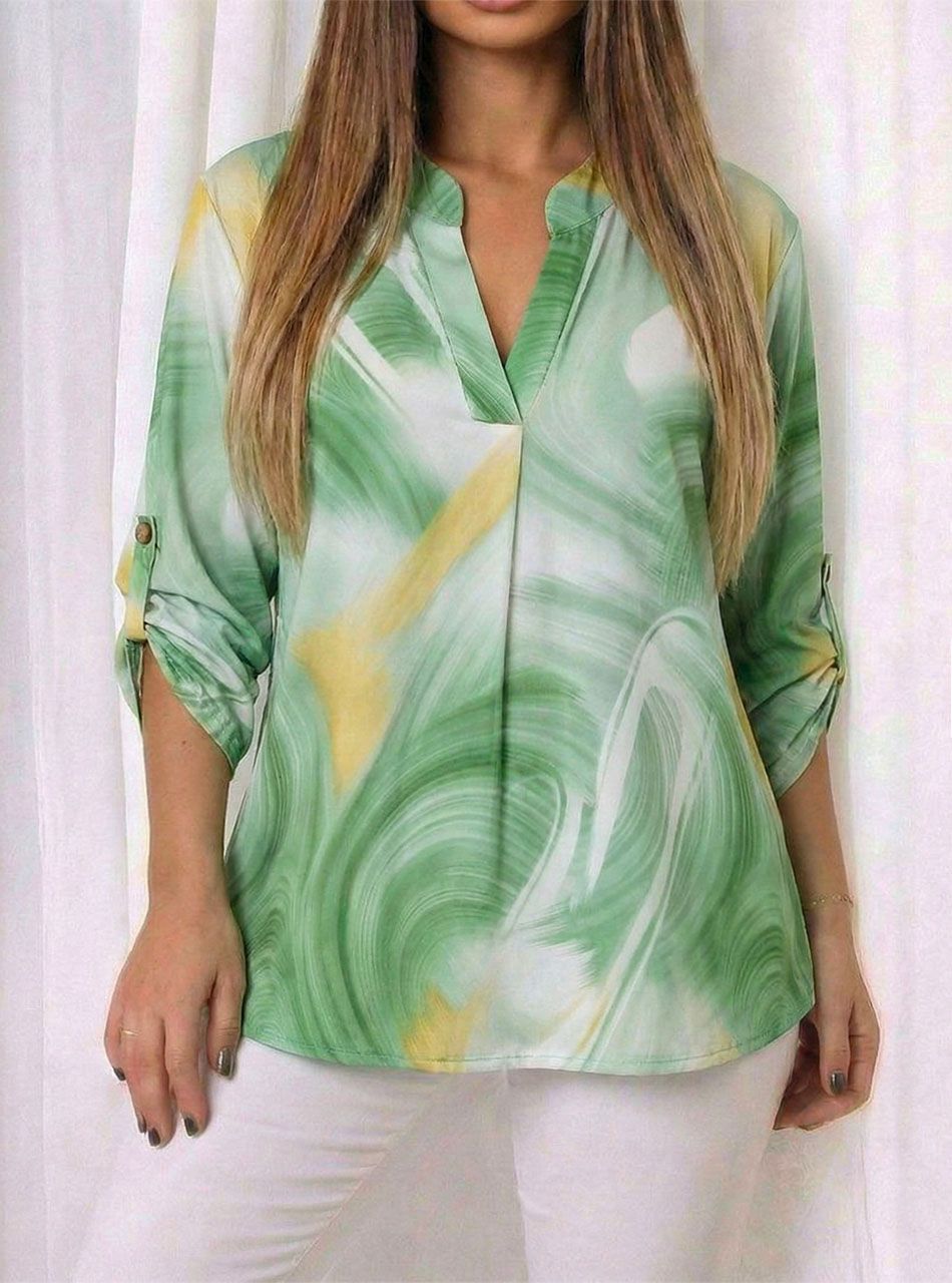 Felgombolható ujjú, V nyakú mintás felső (kiwi)