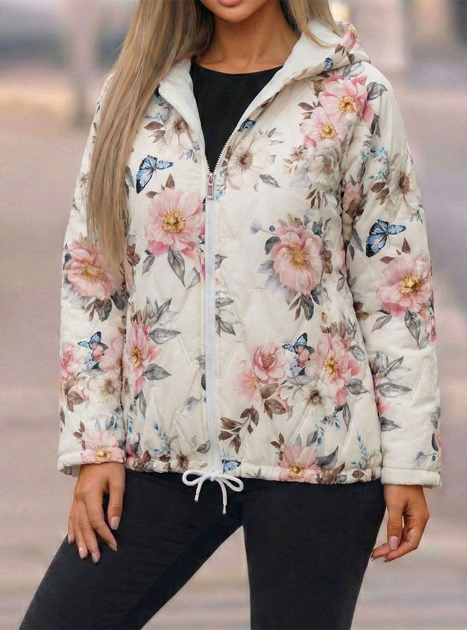 Virág mintás,  kapucnis steppelt kabát (fehér)