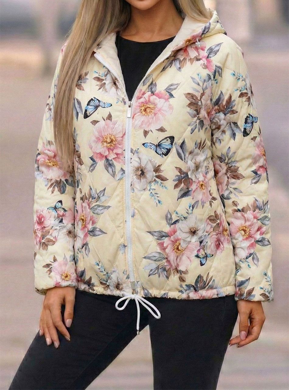 Virág mintás,  kapucnis steppelt kabát (sárga)