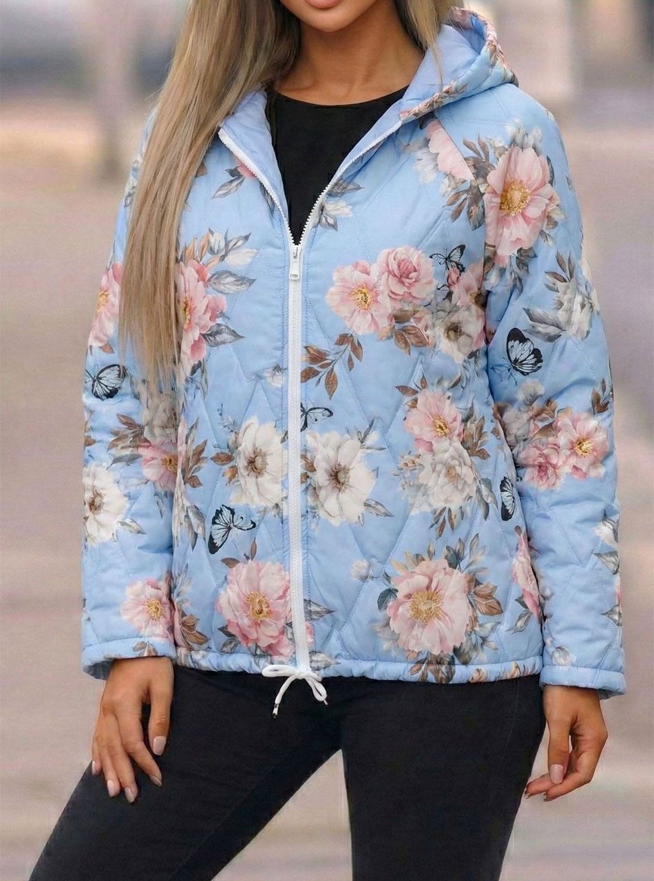 Virág mintás,  kapucnis steppelt kabát (világoskék)