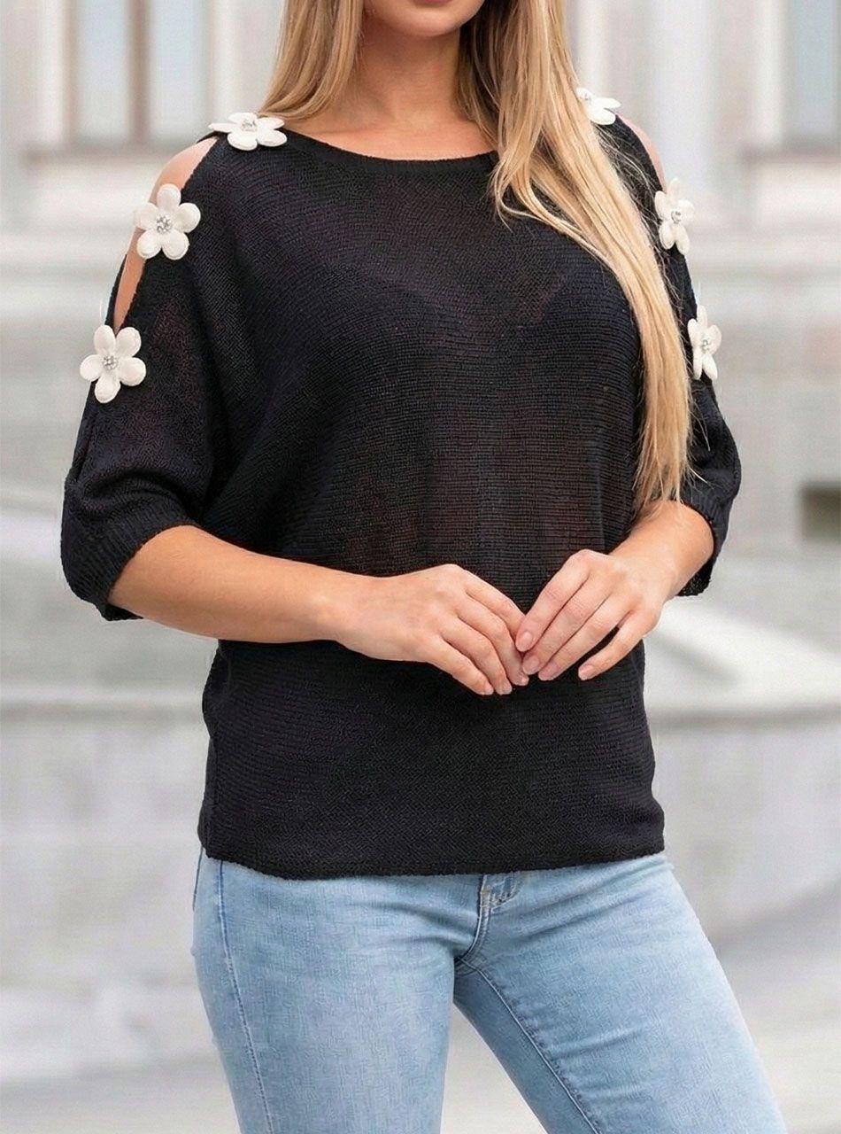 Ujján virágdíszes, vékony kötésű felső (fekete)