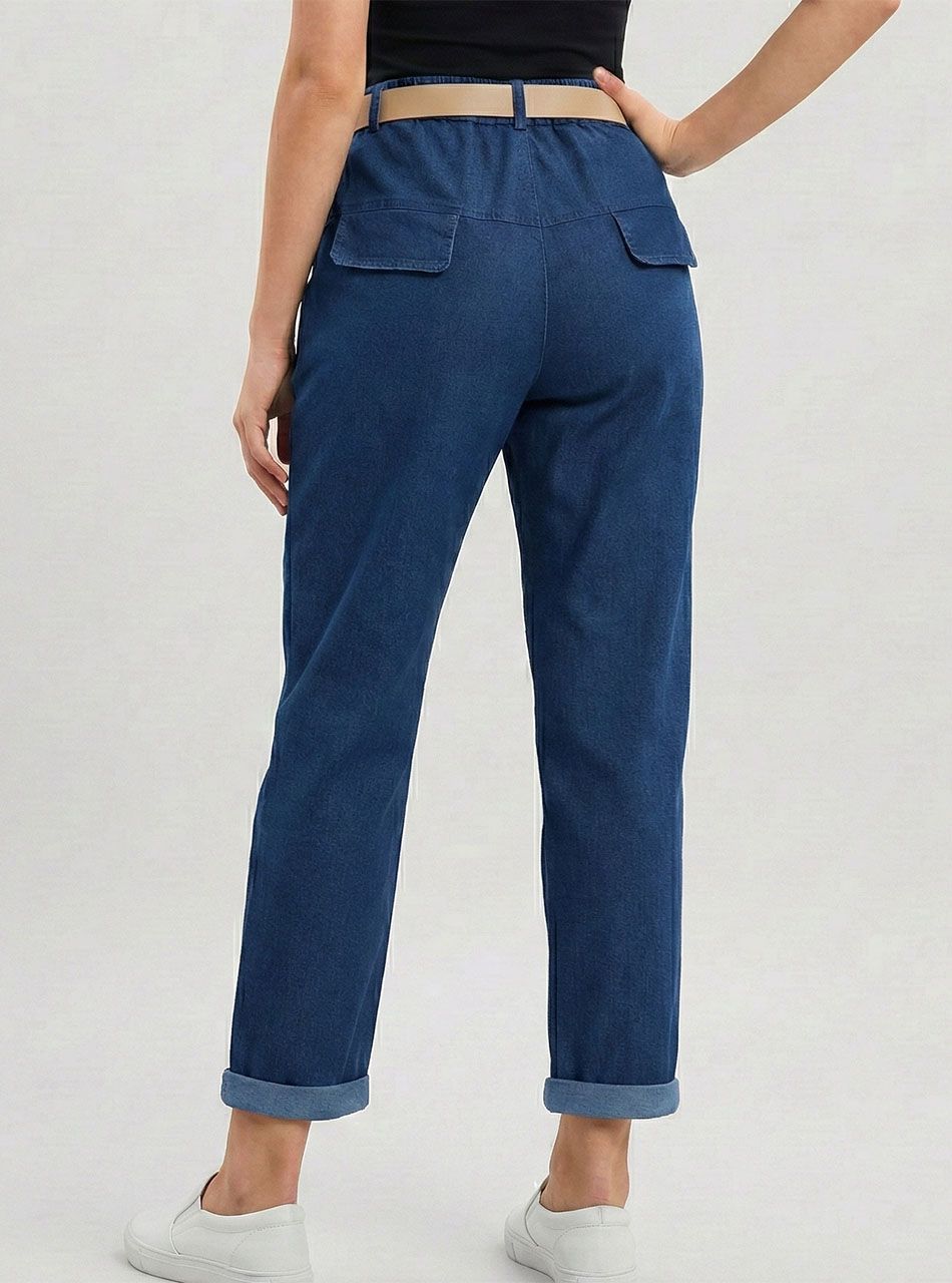 Farmer hatású, gumis derekú zsebes nadrág övvel (farmerkék II.)