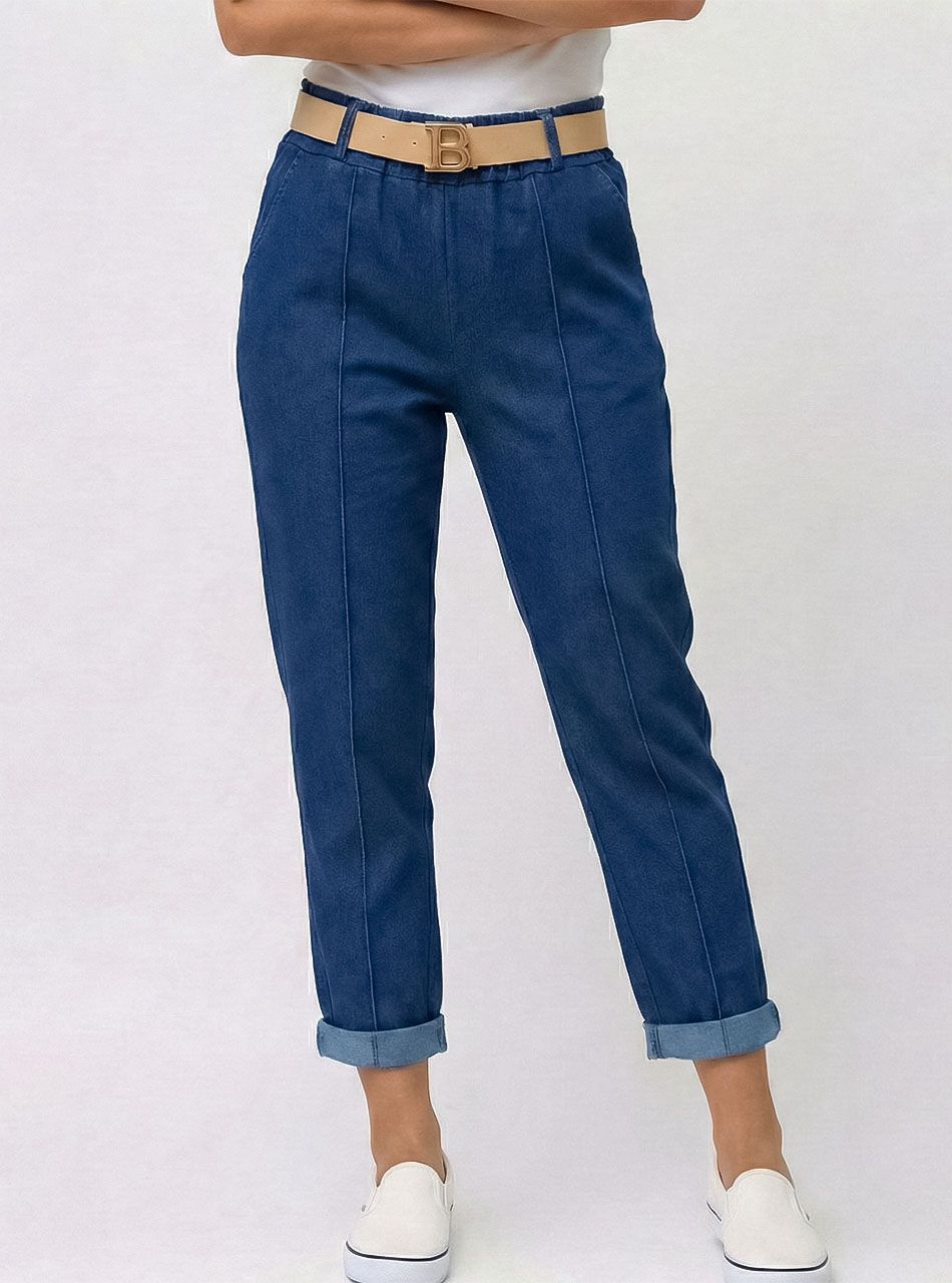 Farmer hatású, gumis derekú zsebes nadrág övvel (farmerkék II.)