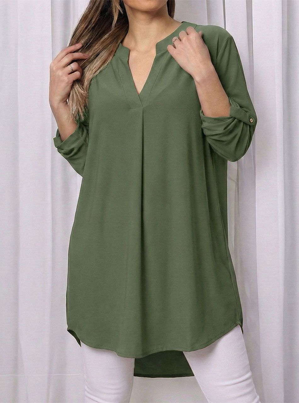 Felgombolható ujjú, V nyakú tunika (kheki I.)