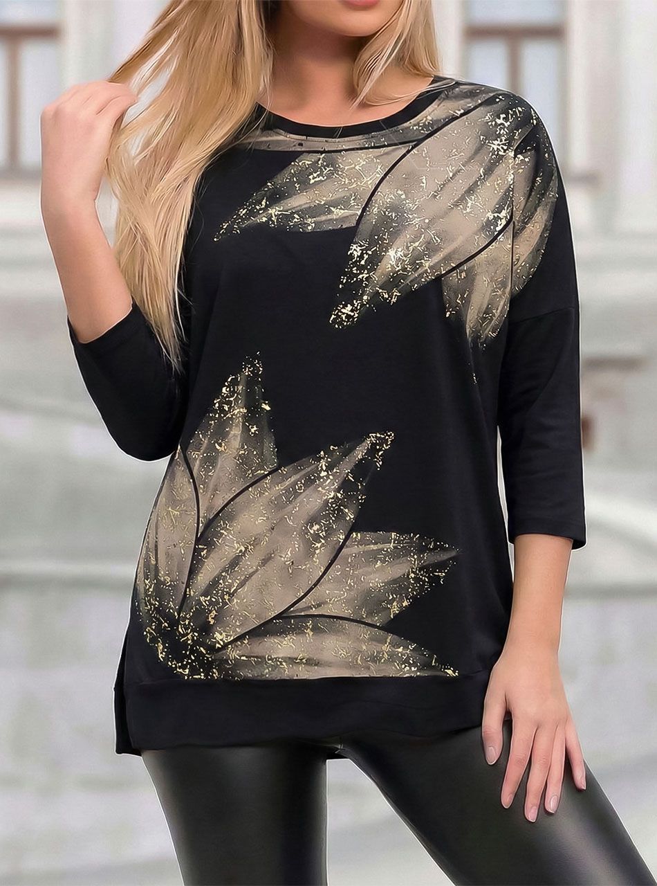 Kétoldalt felvágott, virág mintás felső (fekete)