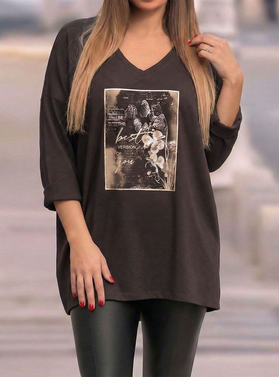 V nyakú, extra bő mintás felső (csokibarna)