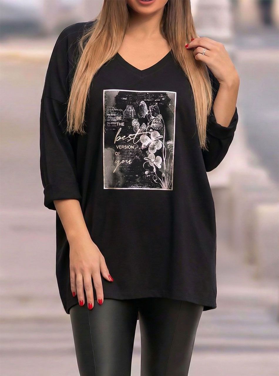 V nyakú, extra bő mintás felső (fekete)