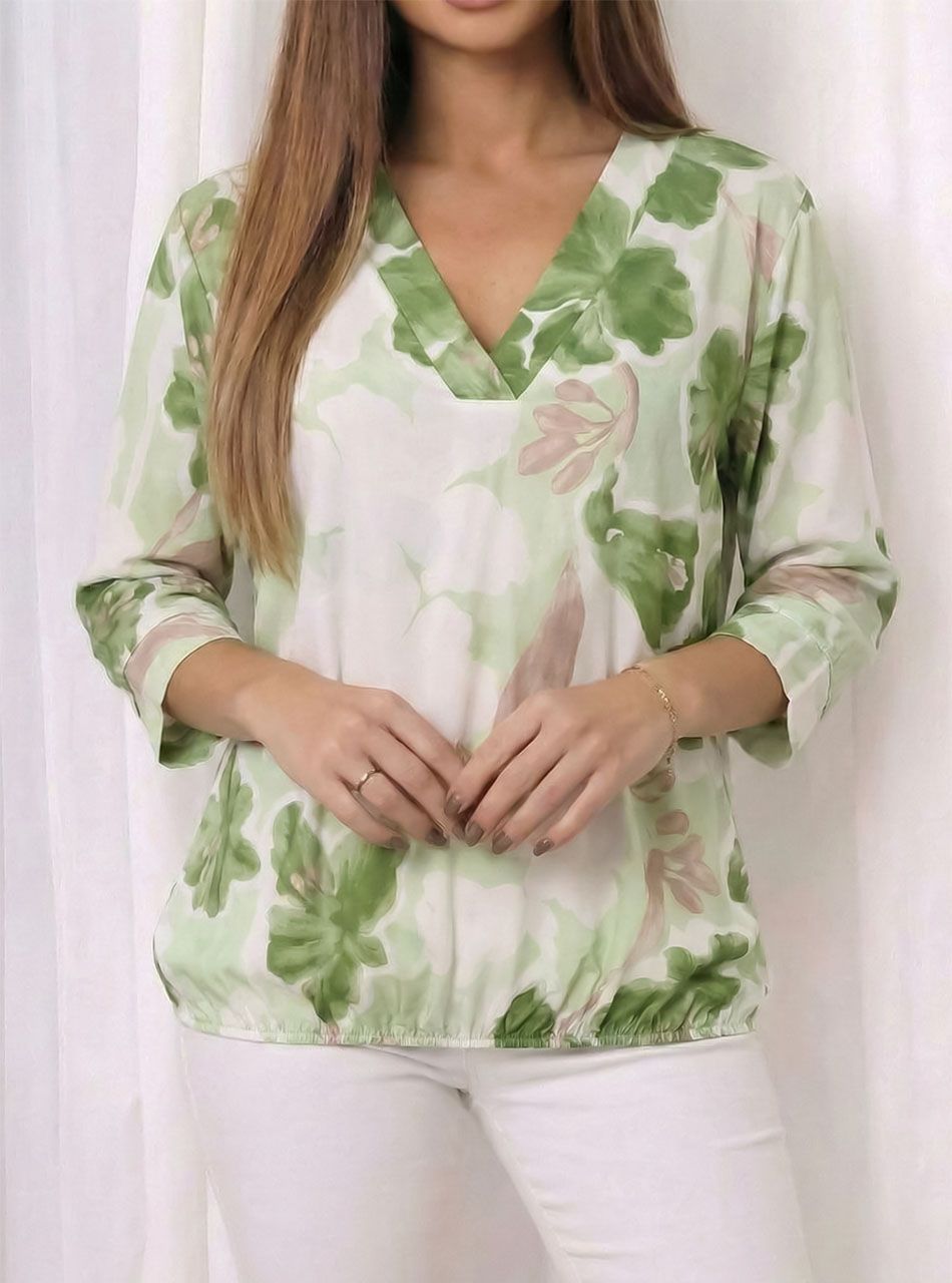 V nyakú, gumis aljú virág mintás felső (zöld)