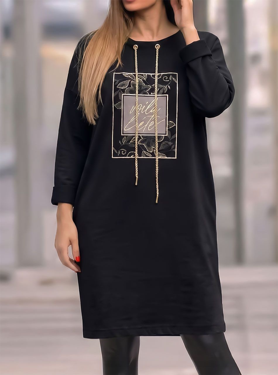 Nyaknál húzható, puha zsebes tunika (fekete)