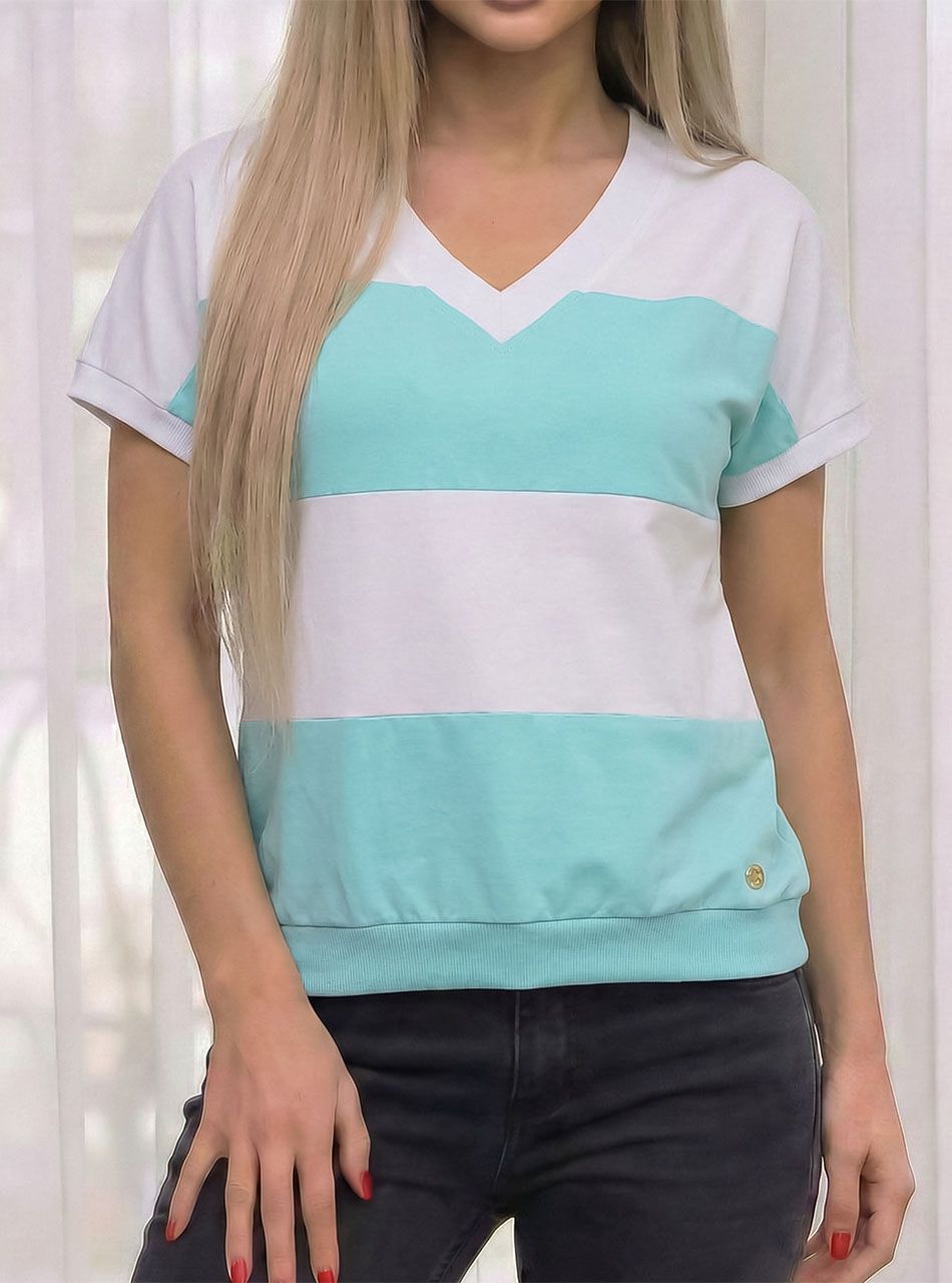 Passzés aljú, V nyakú csíkos felső (fehér-vízzöld)