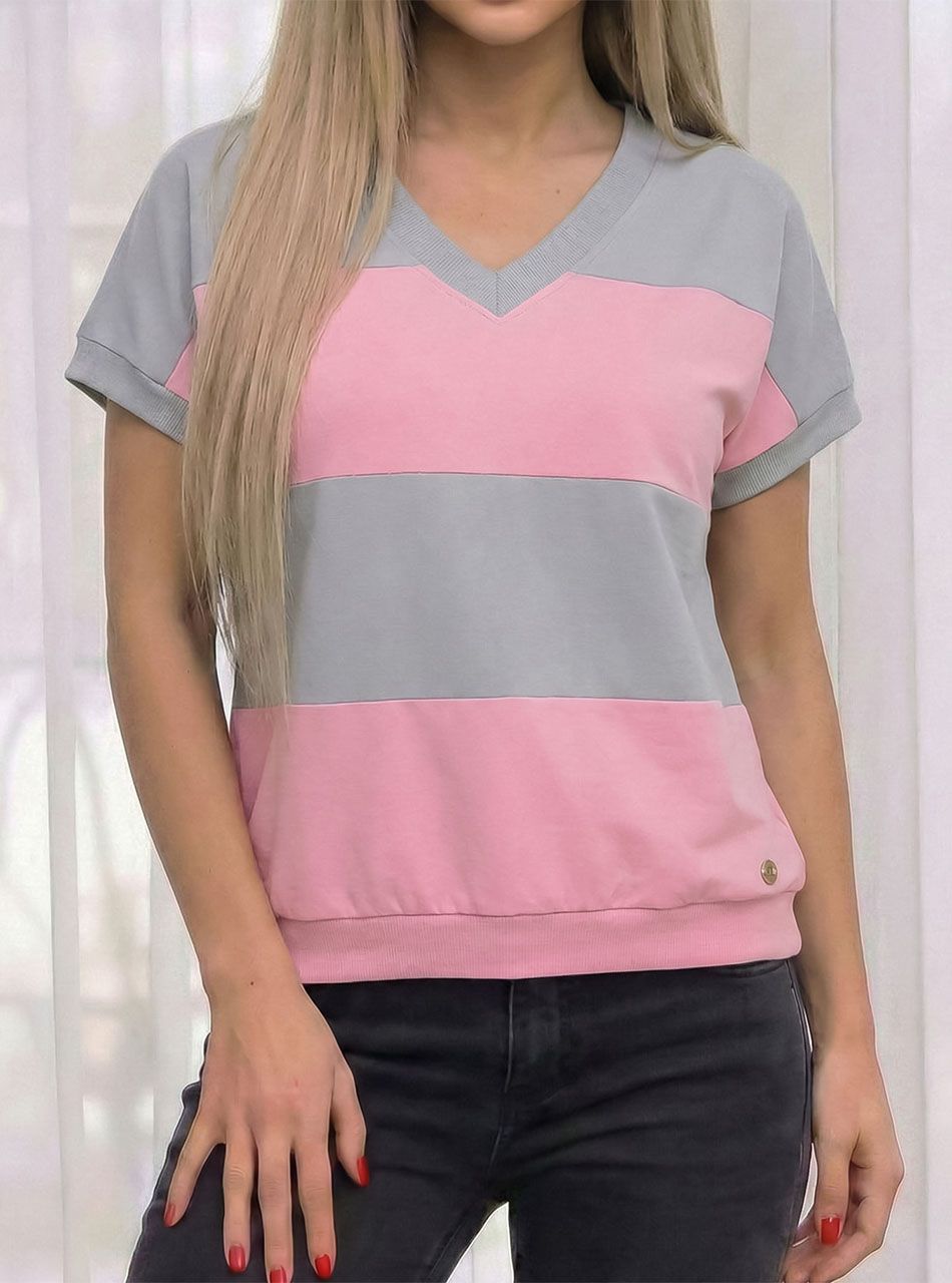 Passzés aljú, V nyakú csíkos felső (szürke-rózsaszín)