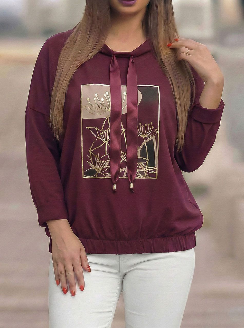 Nyaknál húzható, gumis aljú mintás felső (bordó)