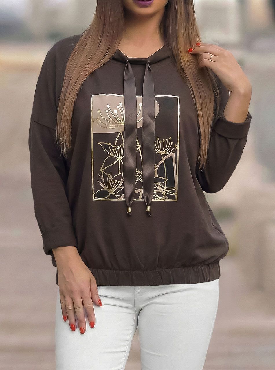 Nyaknál húzható, gumis aljú mintás felső (csokibarna)