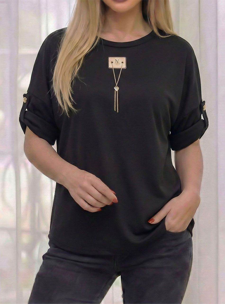 Lauren, felgombolható ujjú felső (fekete)