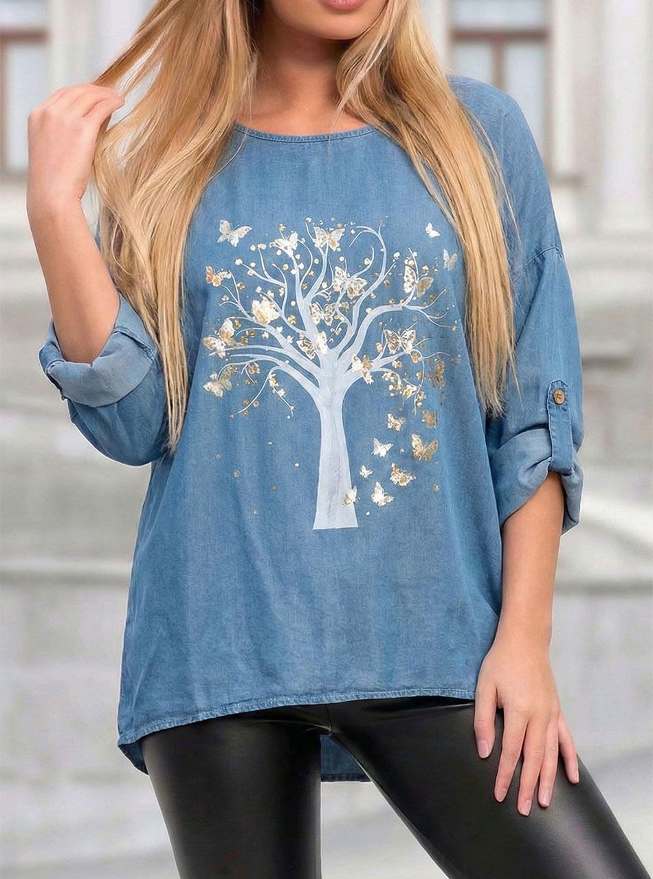 Felgombolható ujjú, farmer hatású mintás felső