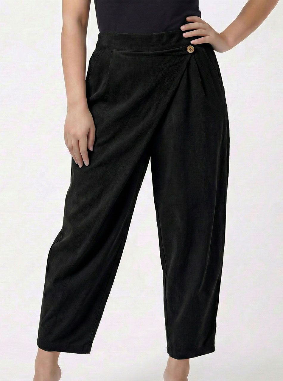 Átlapolt, gombdíszes kord hatású vékony nadrág (fekete)