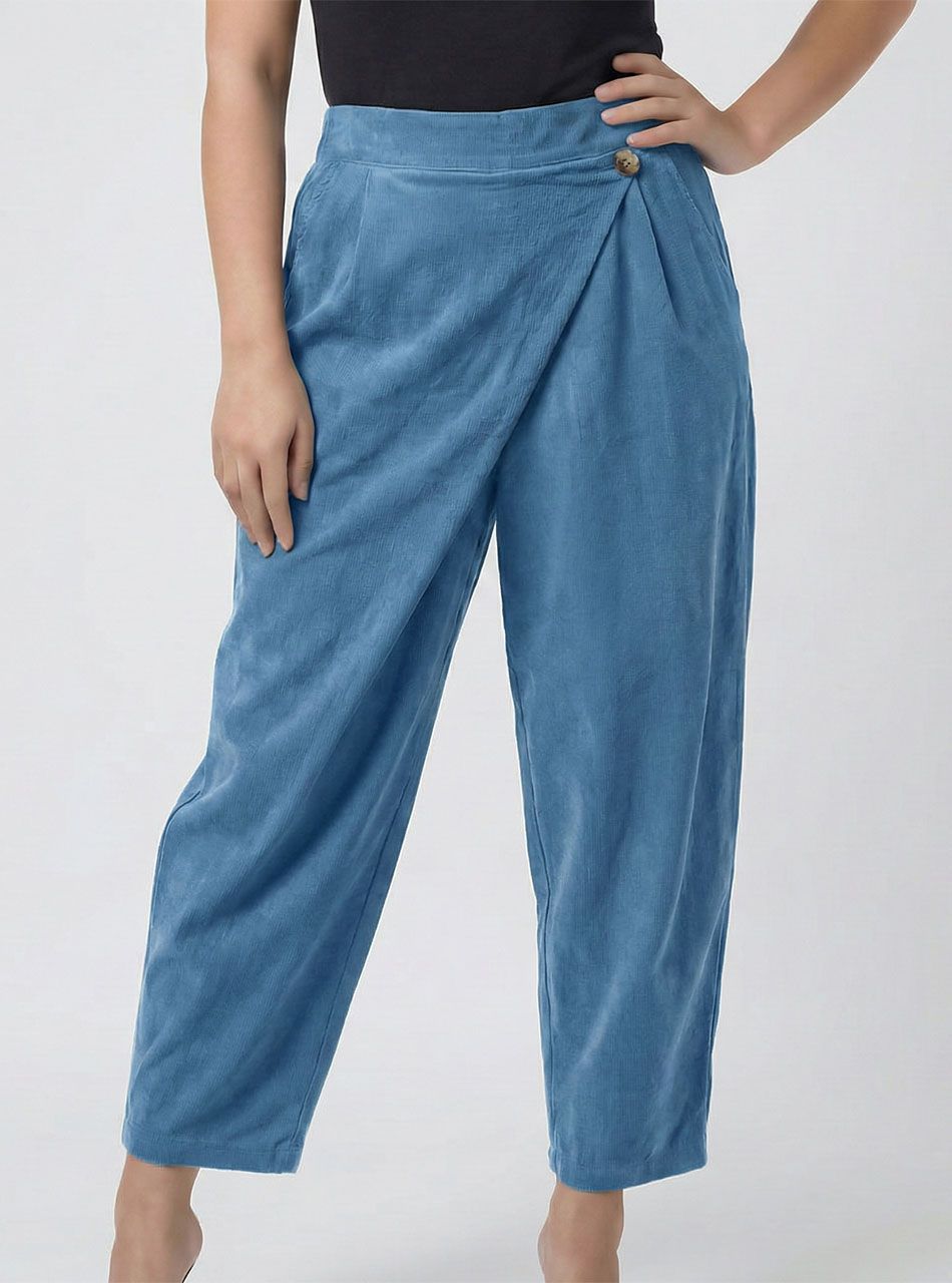 Átlapolt, gombdíszes kord hatású vékony nadrág (kék)