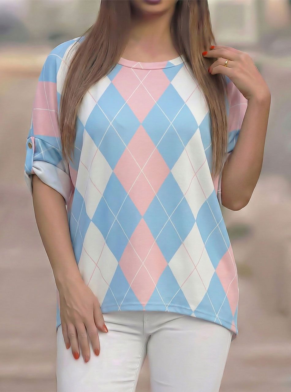 Felgombolható ujjú, rombusz mintás felső (világoskék-rózsaszín)