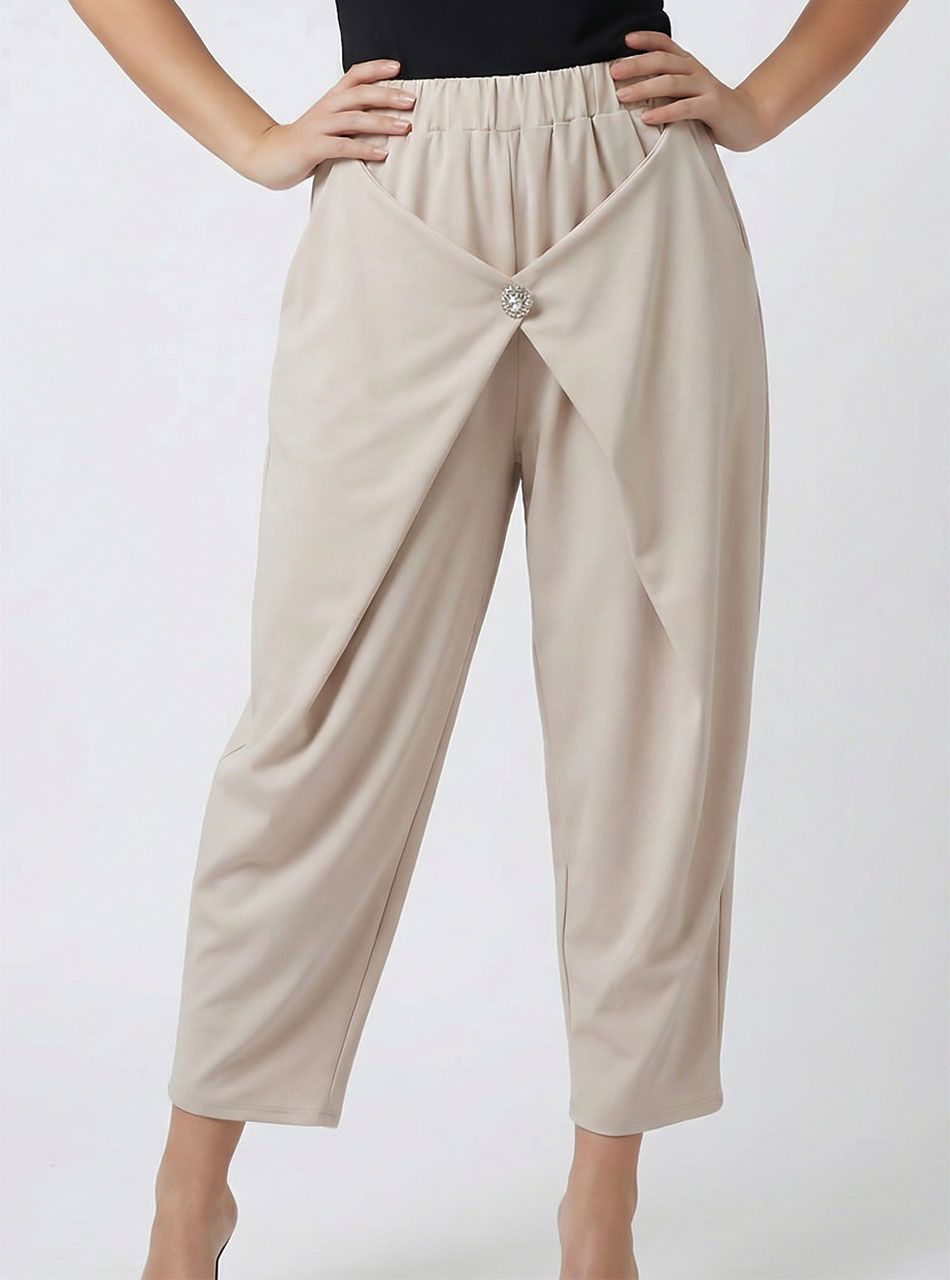 Grace, gombdíszes gumis derekú zsebes nadrág (bézs)