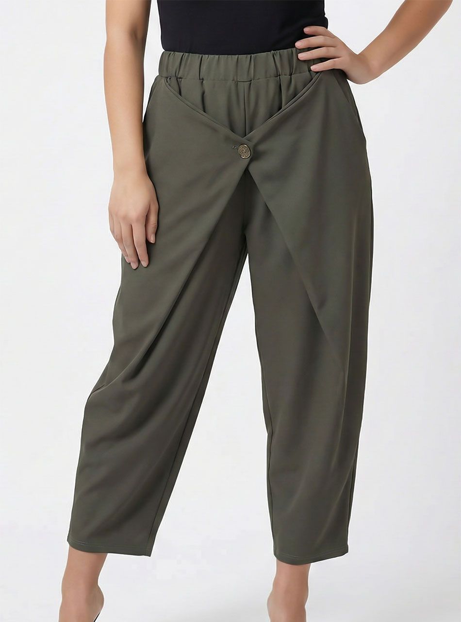 Grace, gombdíszes gumis derekú zsebes nadrág (kheki)