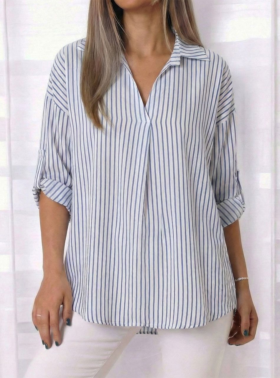 V nyakú, galléros csíkos felső (világoskék)