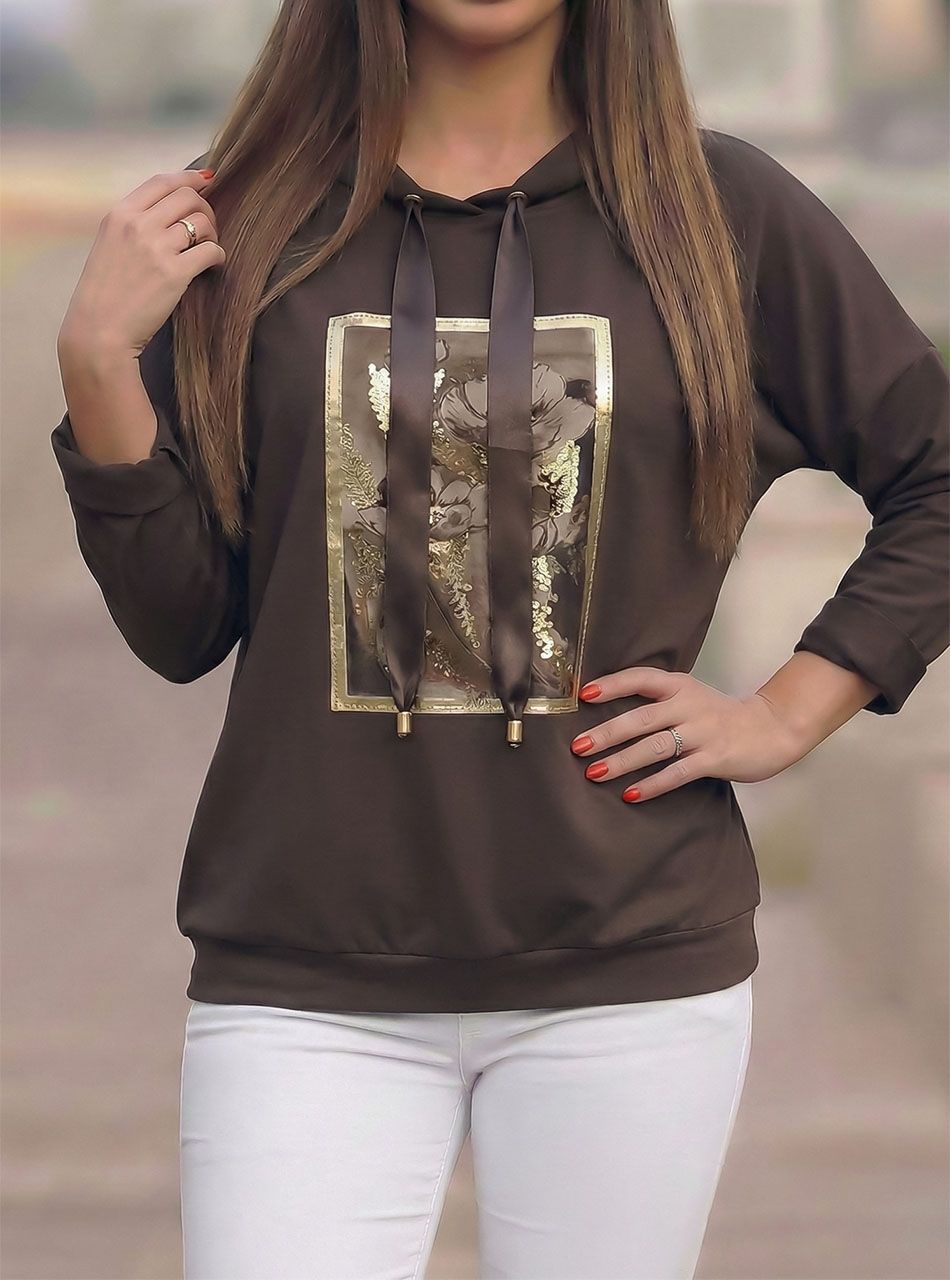 Nyaknál húzható, virág mintás felső (csokibarna) 