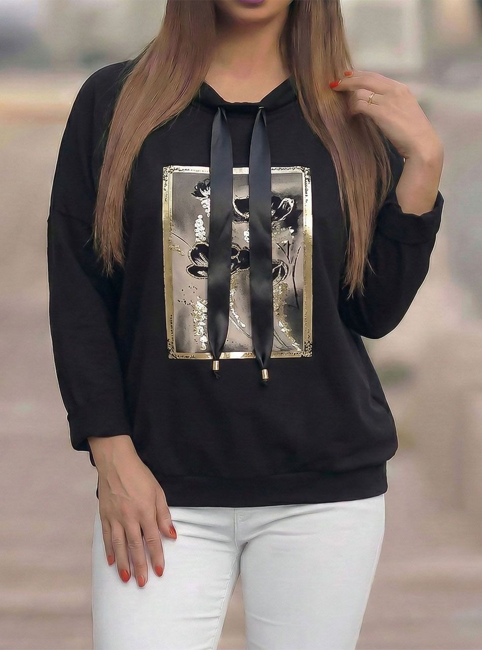 Nyaknál húzható, virág mintás felső (fekete)