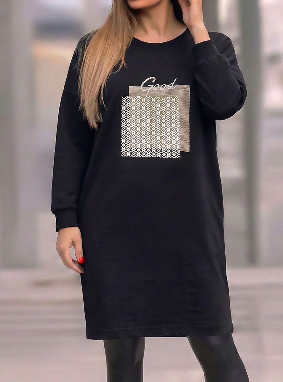 Strasszos, mintás zsebes tunika (fekete)