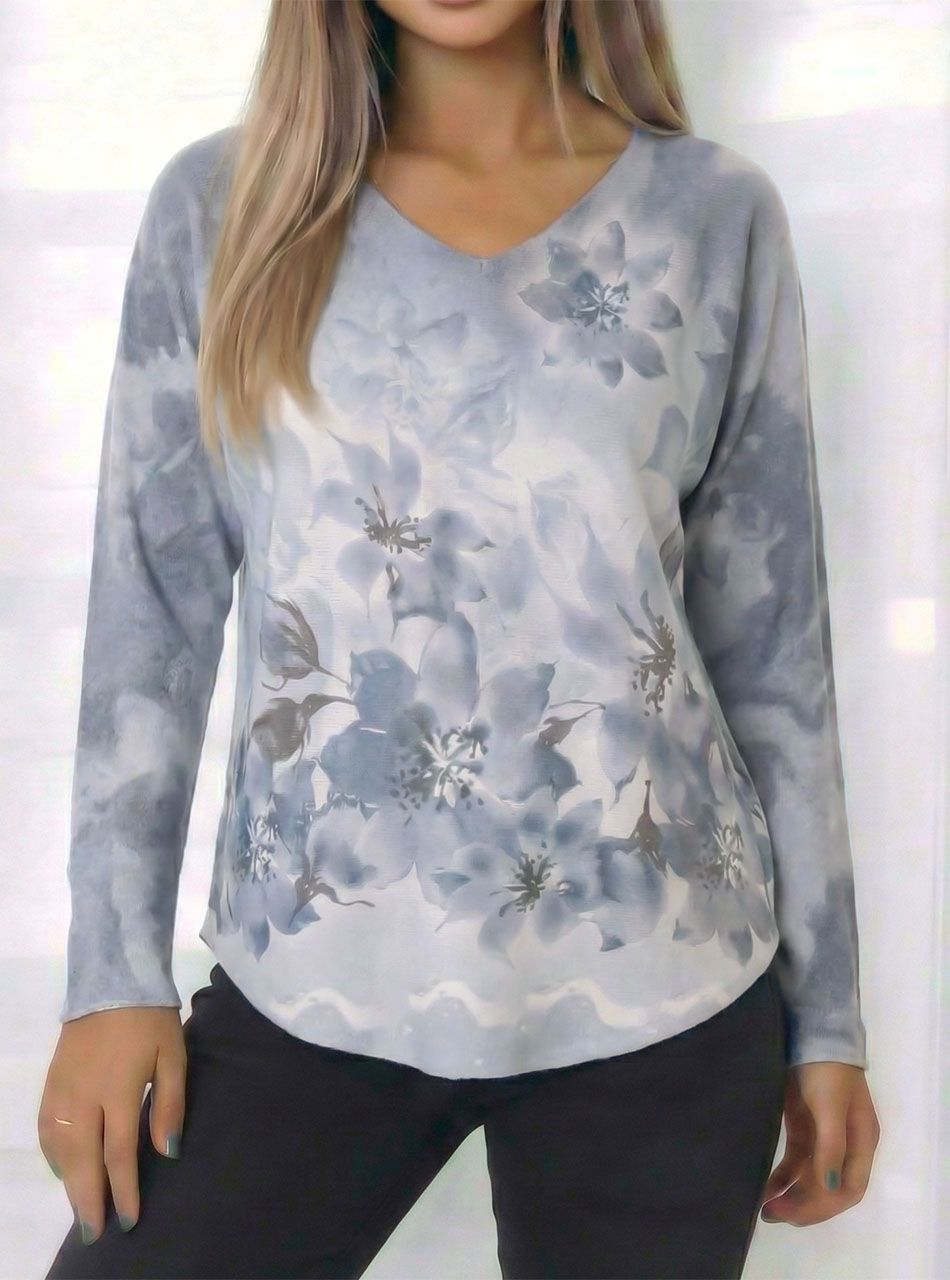 V nyakú, virág mintás puha felső (szürkéskék)