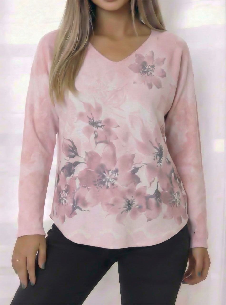V nyakú, virág mintás puha felső (púder)