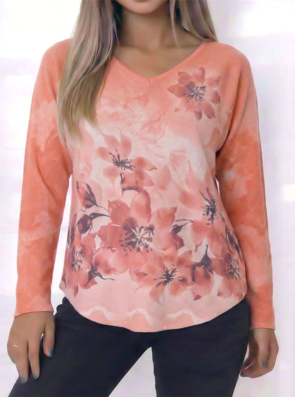 V nyakú, virág mintás puha felső (mandarin)