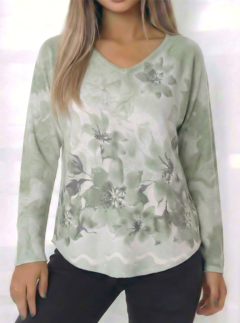V nyakú, virág mintás puha felső (zöld)