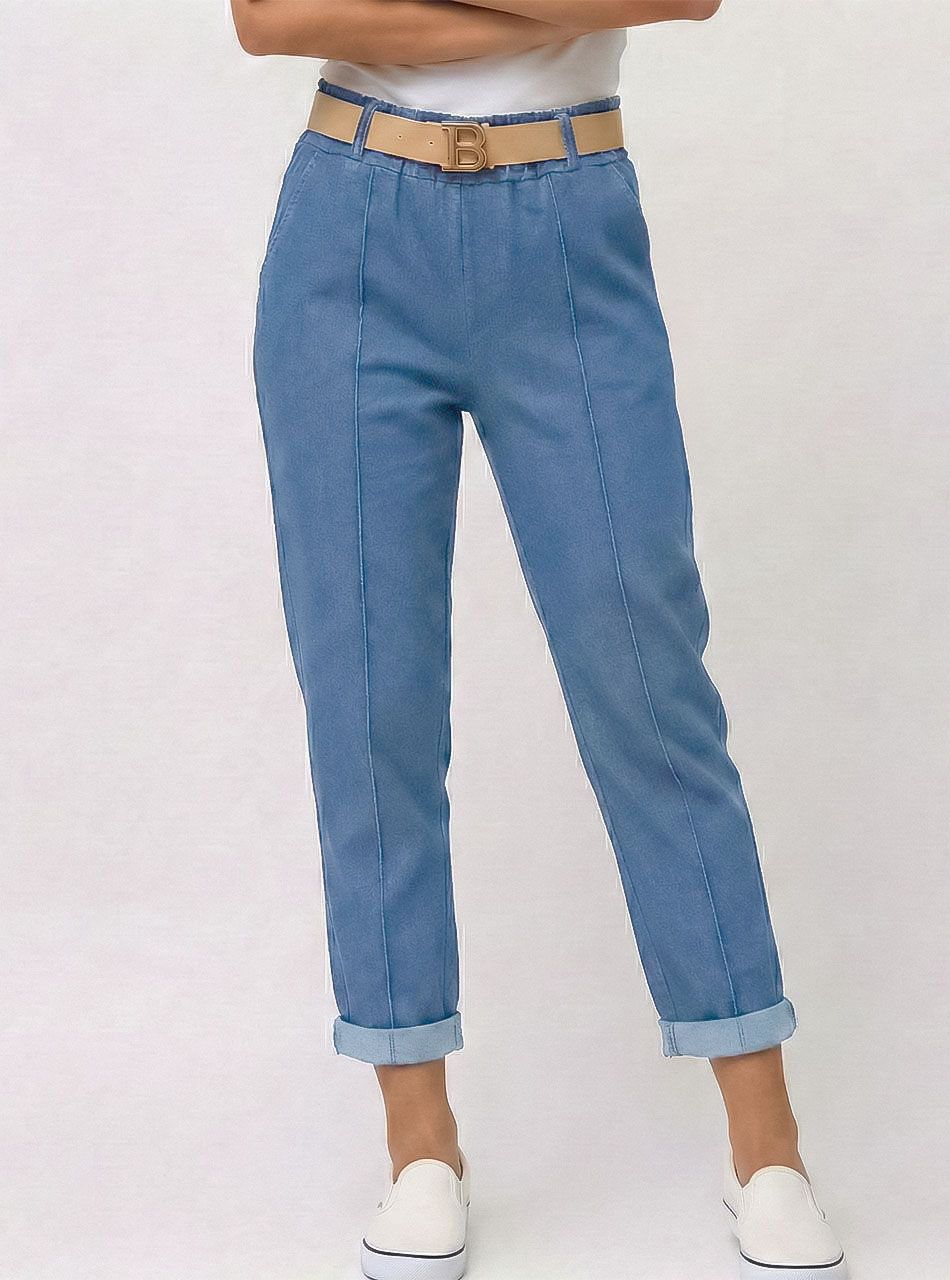 Farmer hatású, gumis derekú zsebes nadrág övvel (világos farmerkék)