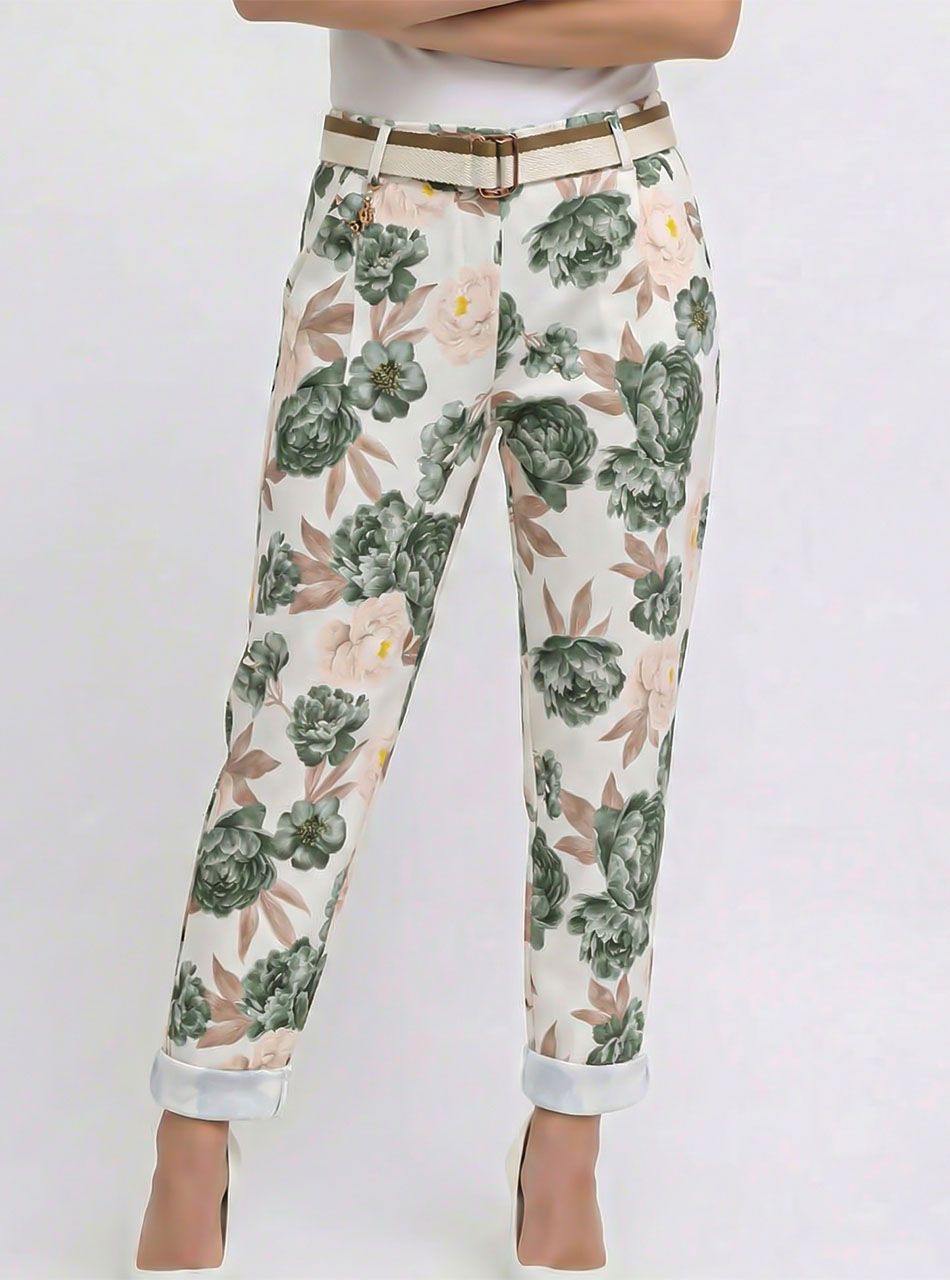 Virág mintás, gumis derekú zsebes nadrág (zöld)