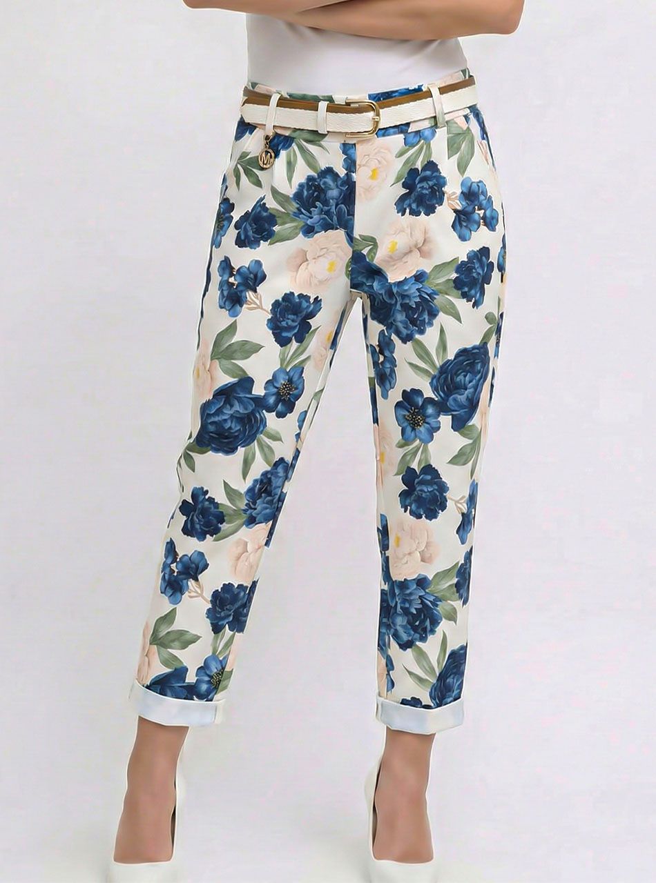 Virág mintás, gumis derekú zsebes nadrág (kék)