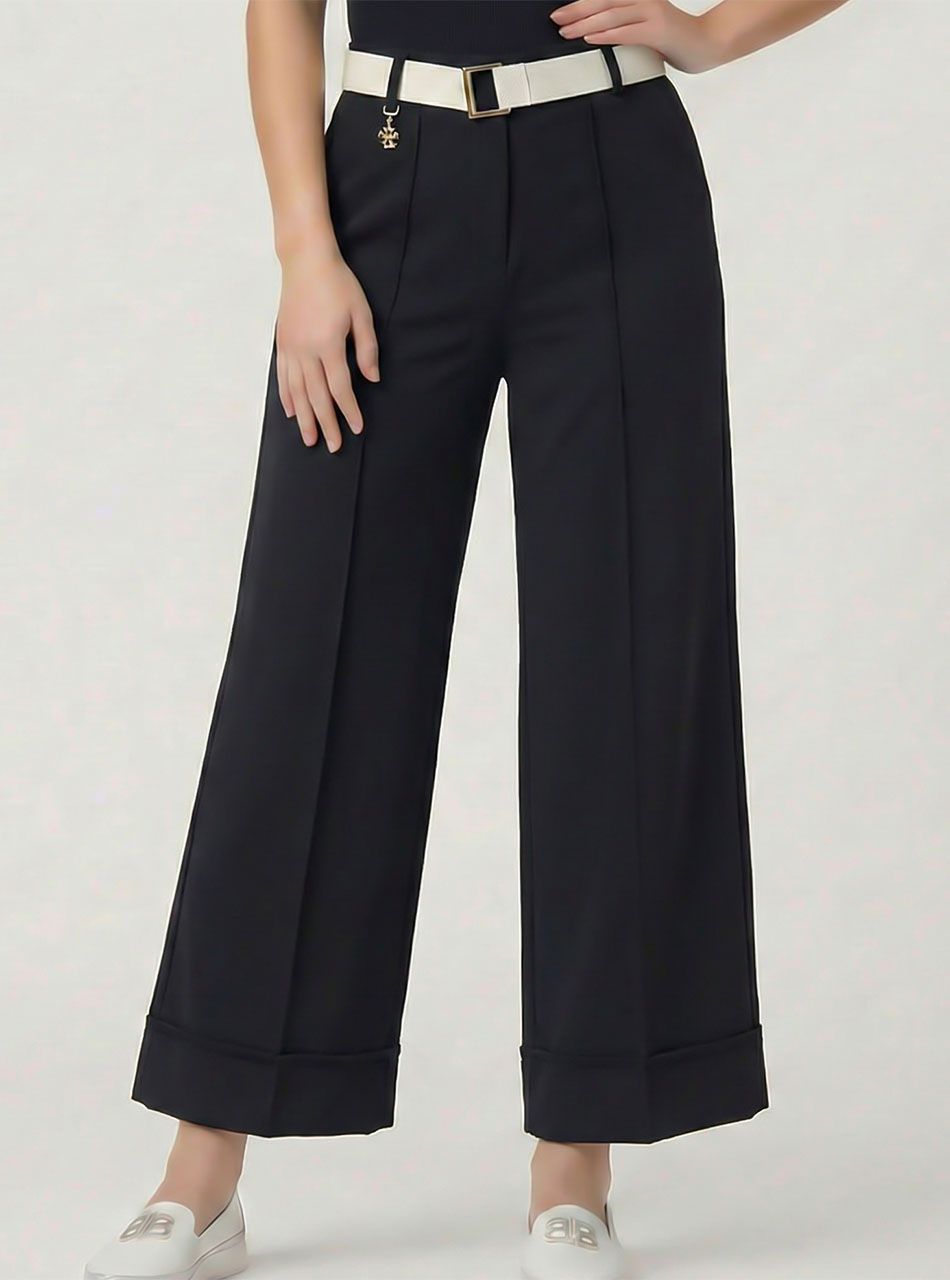 Elöl tűzött, felhajtott szárú dumis derekú zsebes nadrág (fekete)