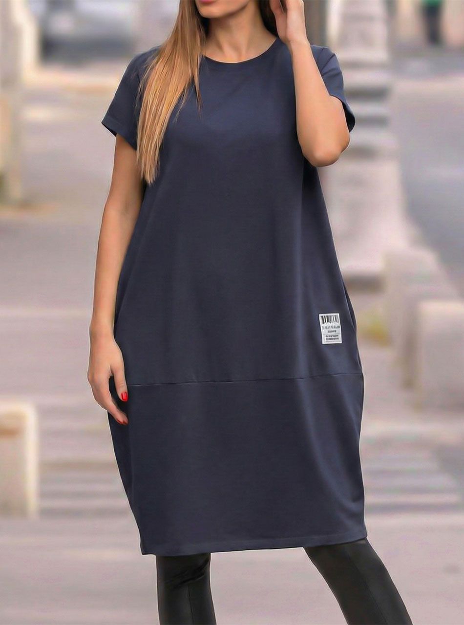 Egyszínű, zsebes hagymaruha (sötétkék)