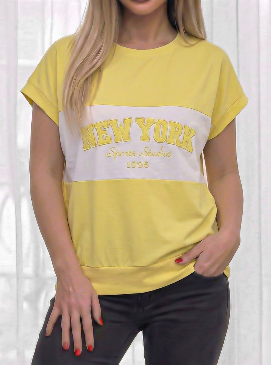 New York feliratos, passzés aljú felső (sárga-fehér)
