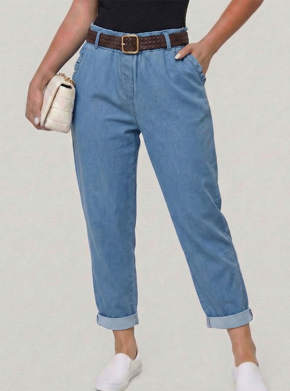 Zsebnél fodros, farmer hatású gumis derekú zsebes nadrág I.