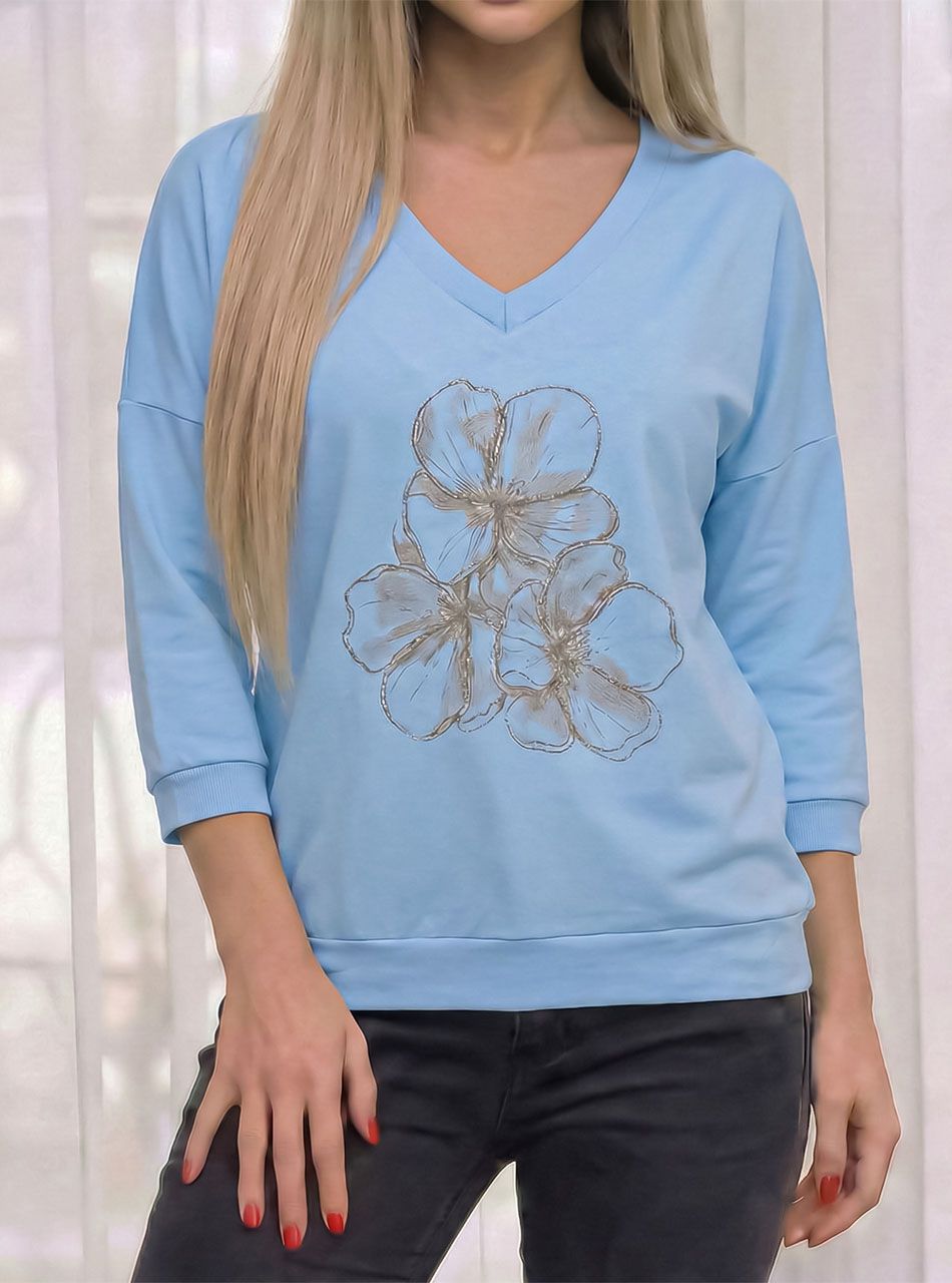 Virág mintás, V nyakú felső (világoskék)
