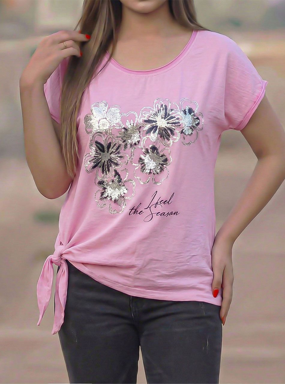 Oldalt kötős, virág mintás felső (rózsaszín)