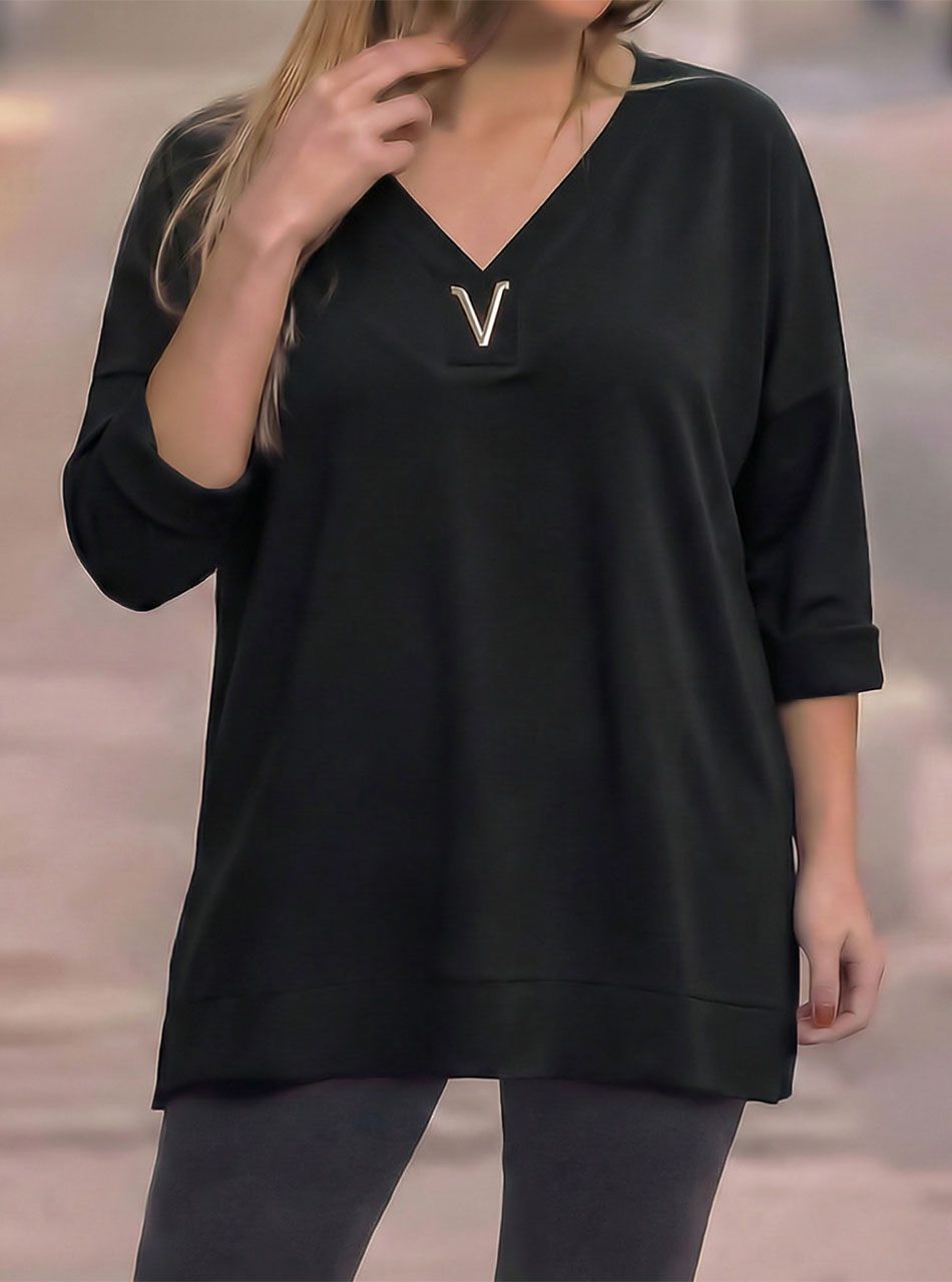 Kétoldalt felvágott, V kivágású laza felső (fekete)