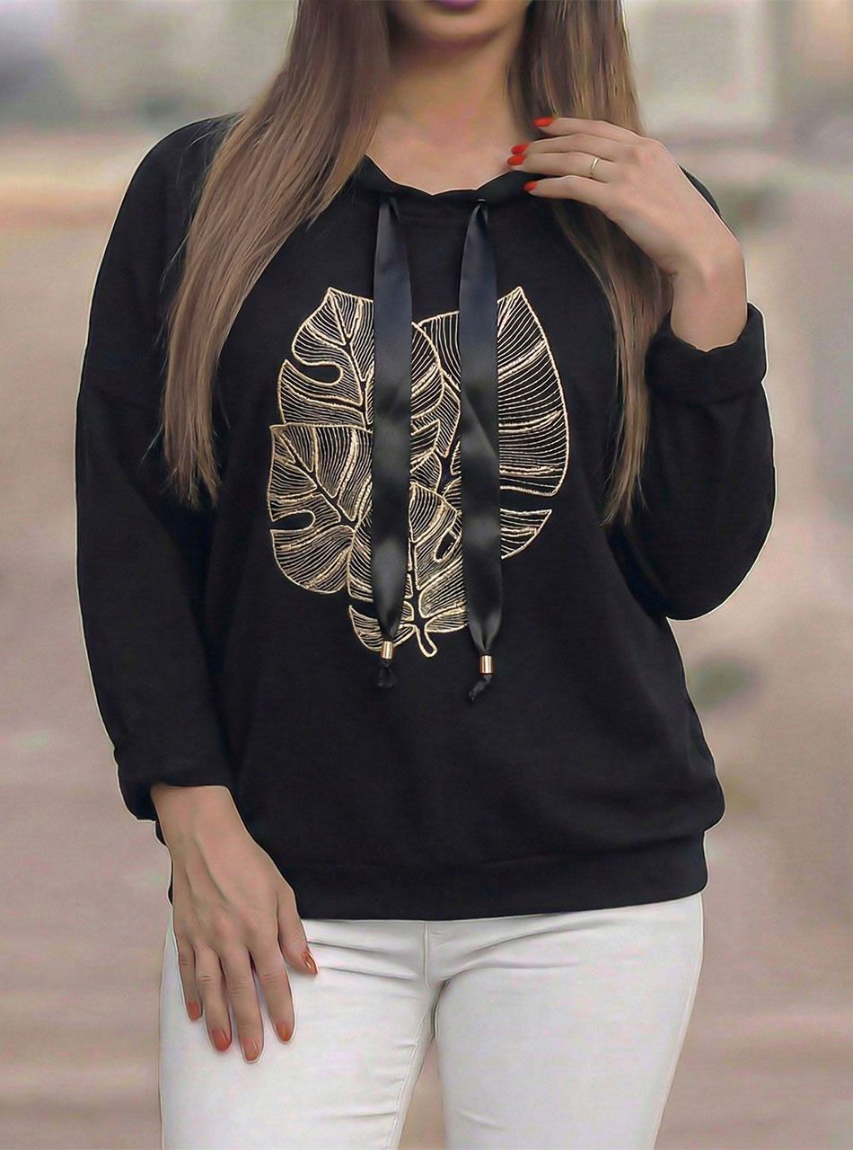 Nyaknál húzható, mintás felső (fekete)