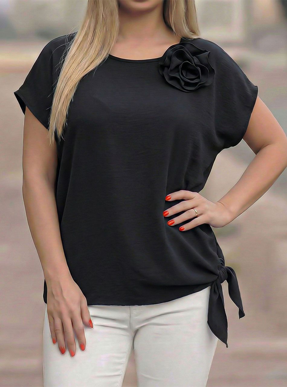 Oldalt kötős, virágdíszes felső (fekete)