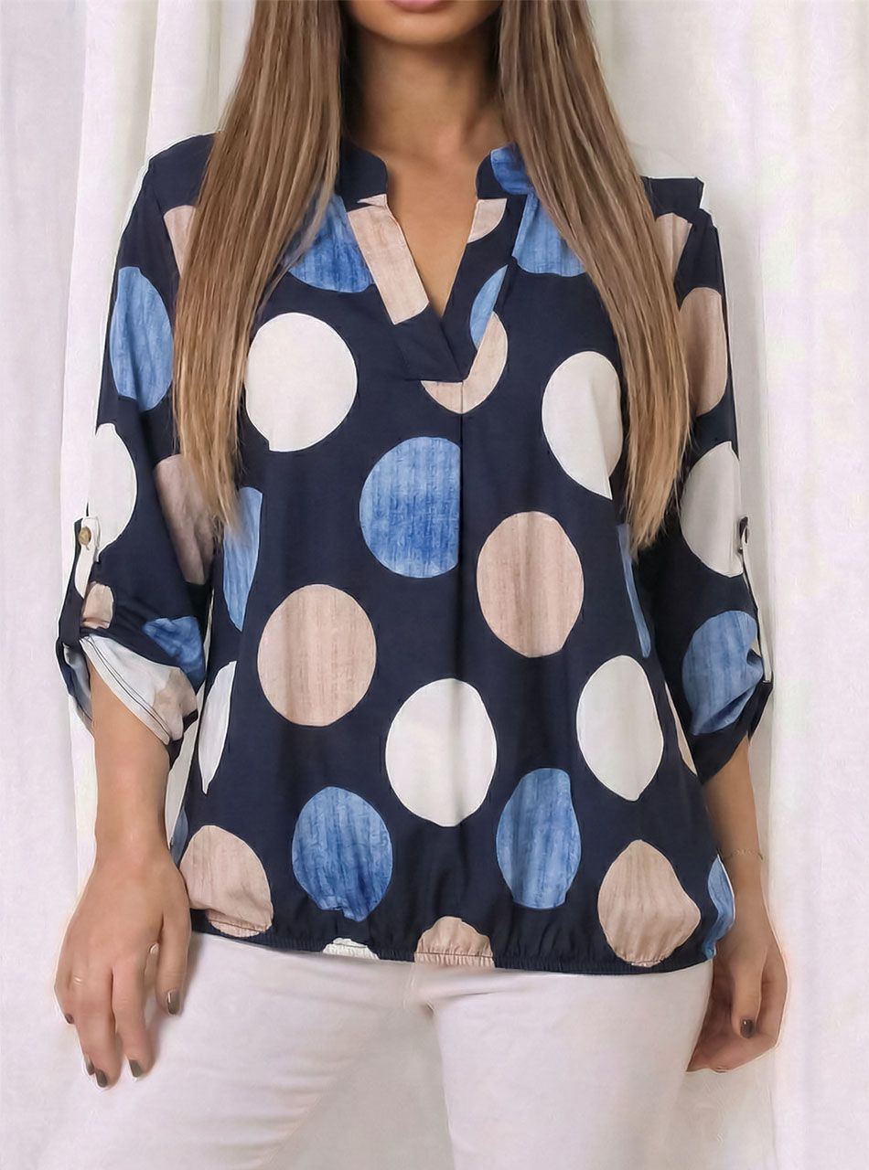 Felgombolható ujjú, pöttyös-mintás gumis aljú felső (sötétkék)